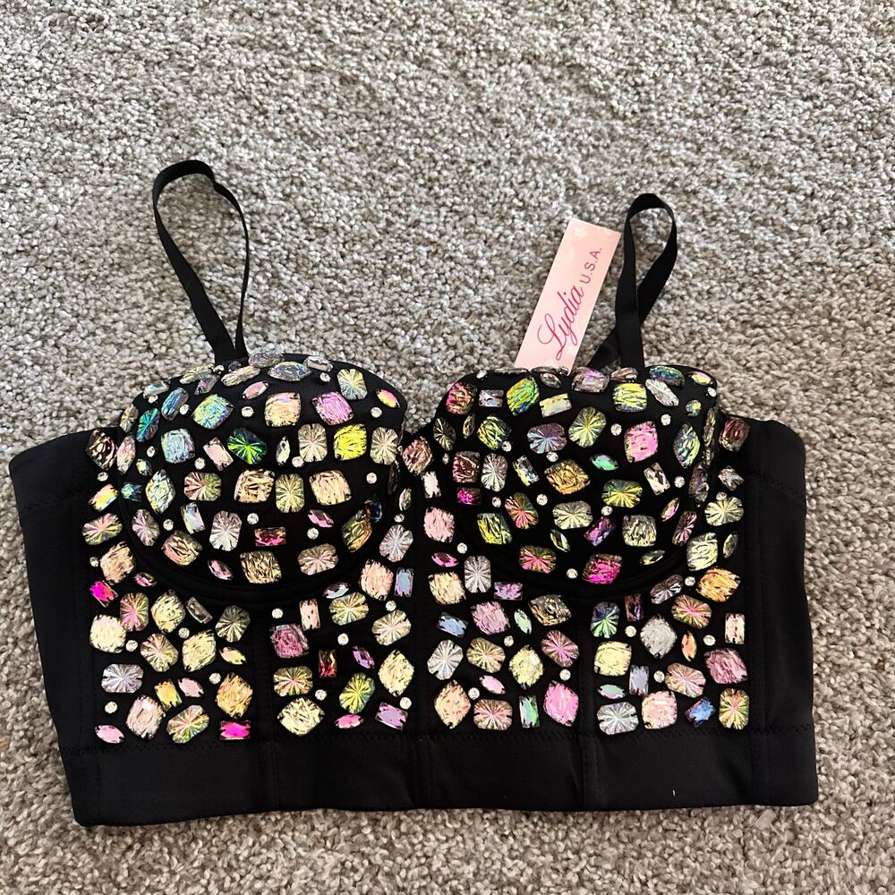 Lydia USA Rhinestone Beaded Push Up Bustier Bra Crop Top Large NEW